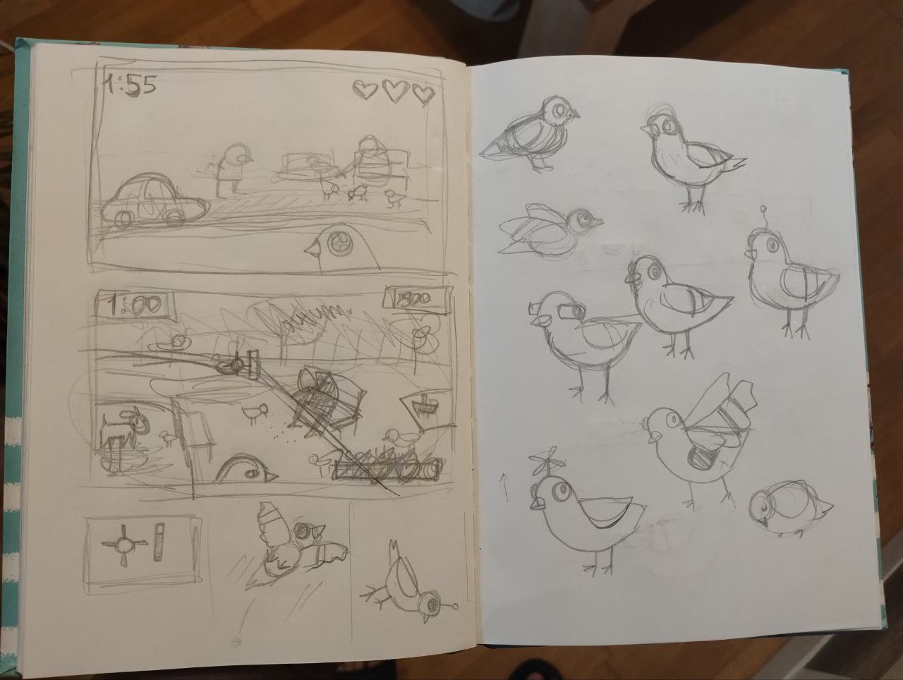 Two pages of a sketchbook. On the left there are two sketches of a game's scenes: a roadside and a park. Below that there are sketches of a crosshair, a pigeon taking off, and a shot robot pigeon falling down. On the left there are several sketches of pigeons and pigeon-looking robots.