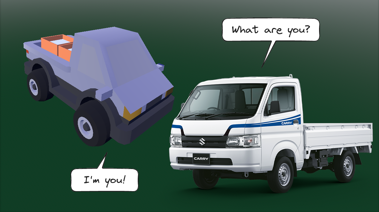 Real car asks a low-poly car what it is. Low-poly one answers 'I am you!'